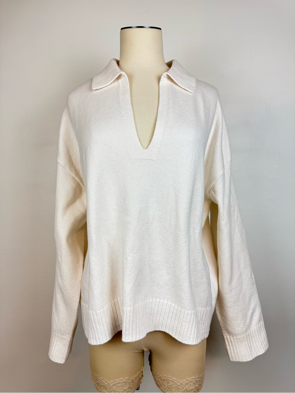 LOFT Women Split Neck Cream White Long Sleeve Knit Polo size Large